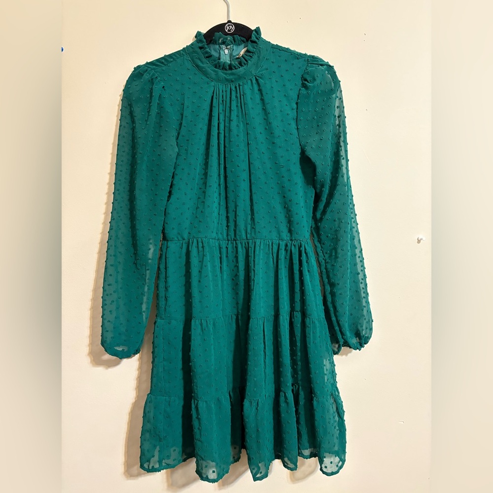 Altar’d State dress Women’s Medium green Swiss dot tiered ruffle mock neck